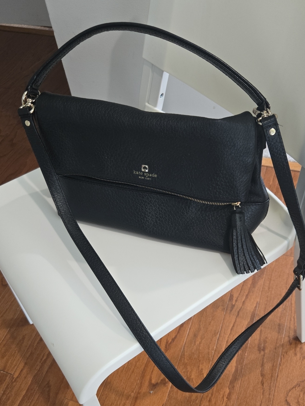 kate spade Black Pebble Leather Shoulder Bag with Tassel